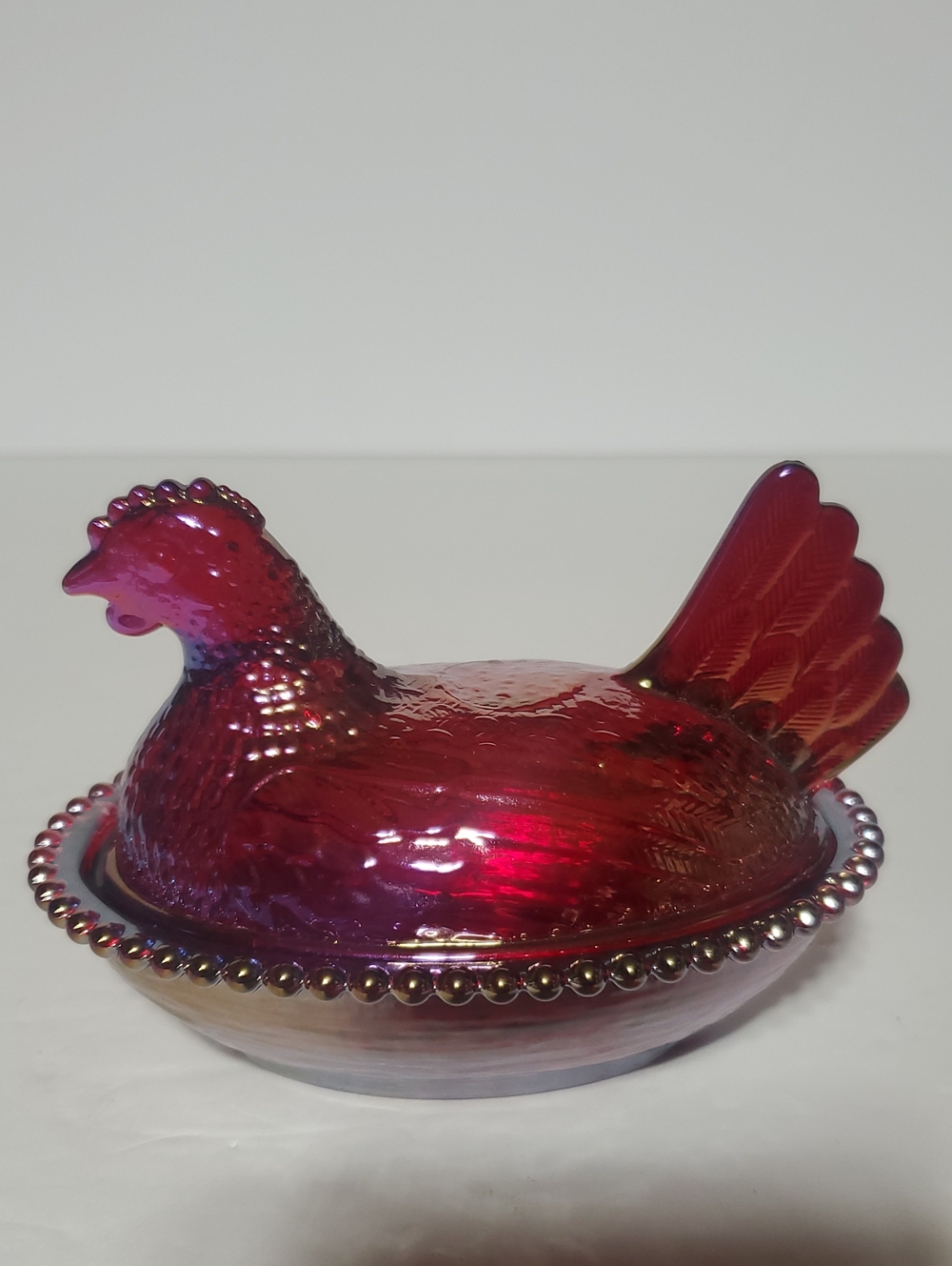 Rose's Closet Iridescent Red Carnival Glass Hen On Nest